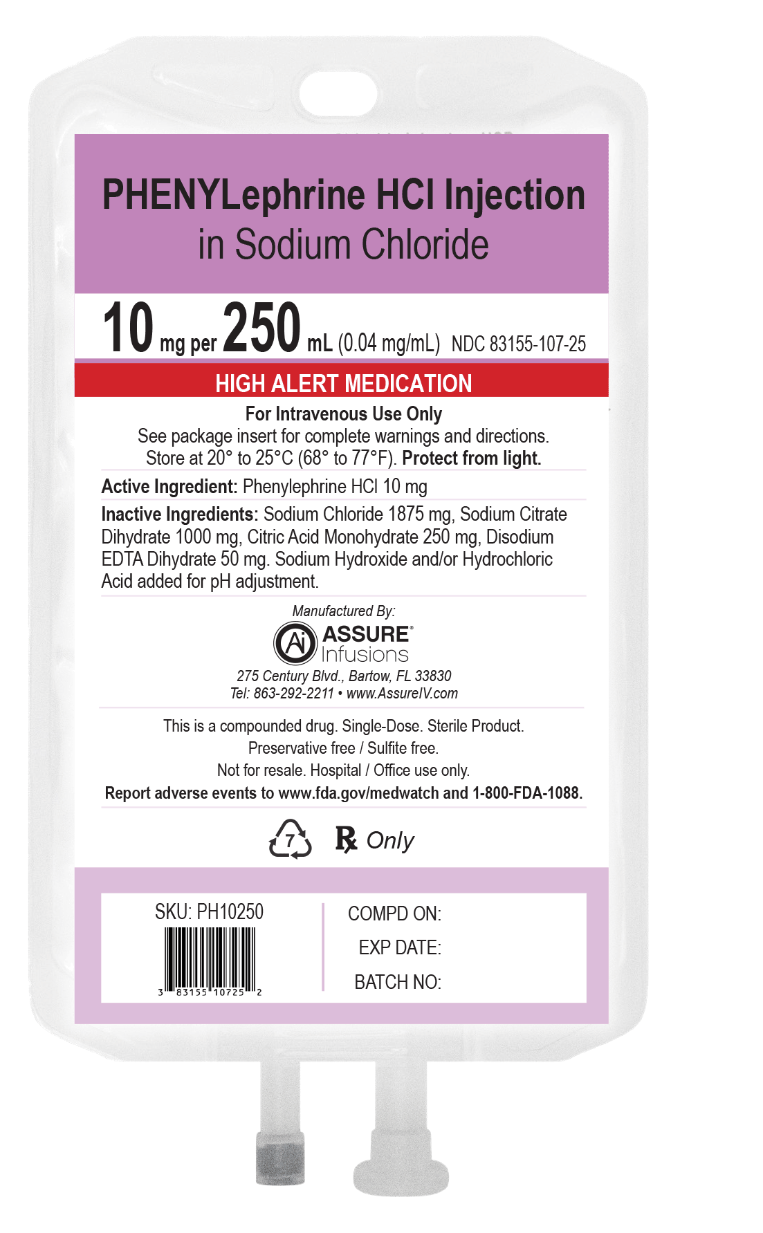 10 mg/mL Phenylephrine HCL in 0.9% Sodium Chloride Injection 250 mL Image