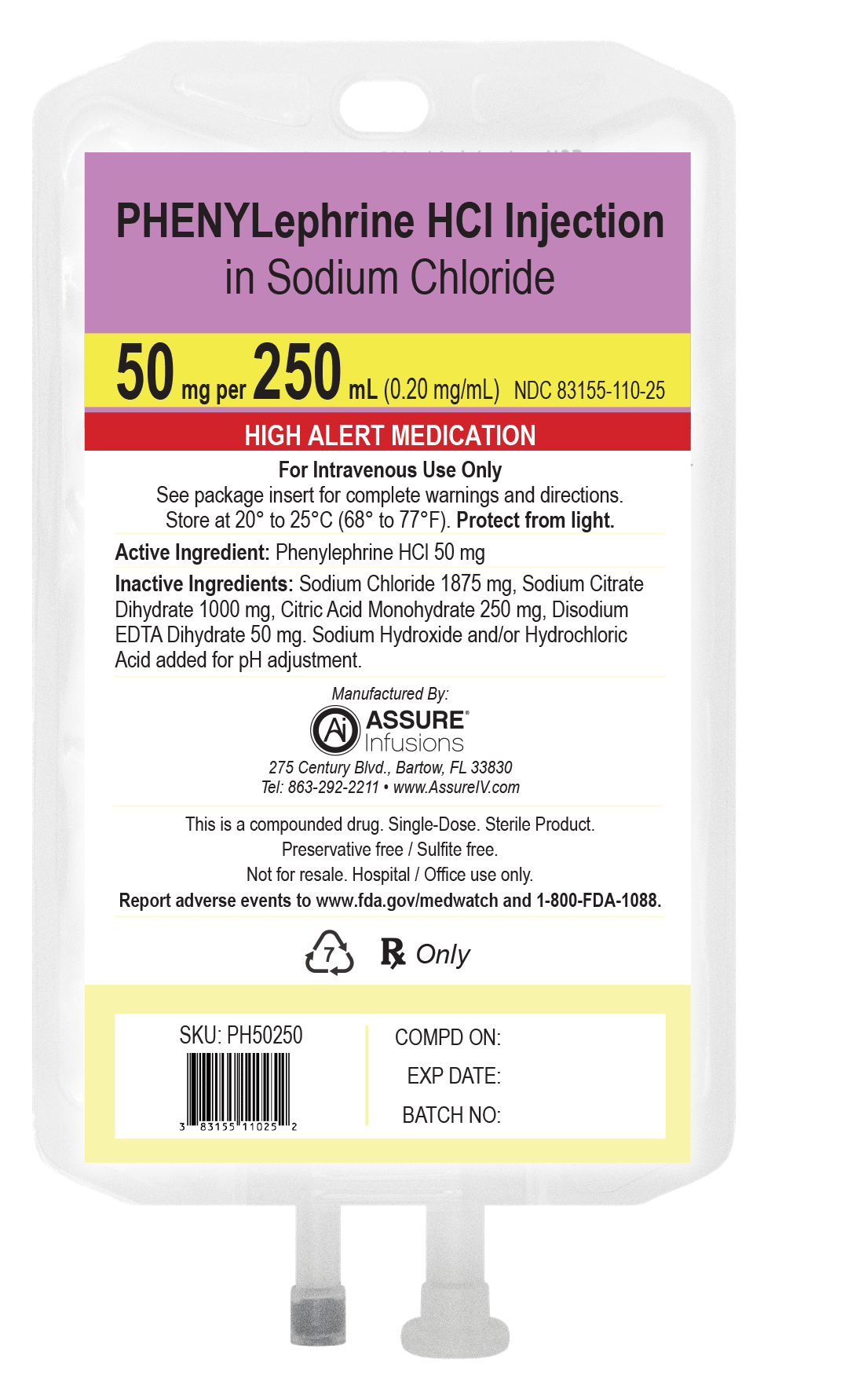 50 mg/mL Phenylephrine HCL in 0.9% Sodium Chloride Injection 250 mL Image