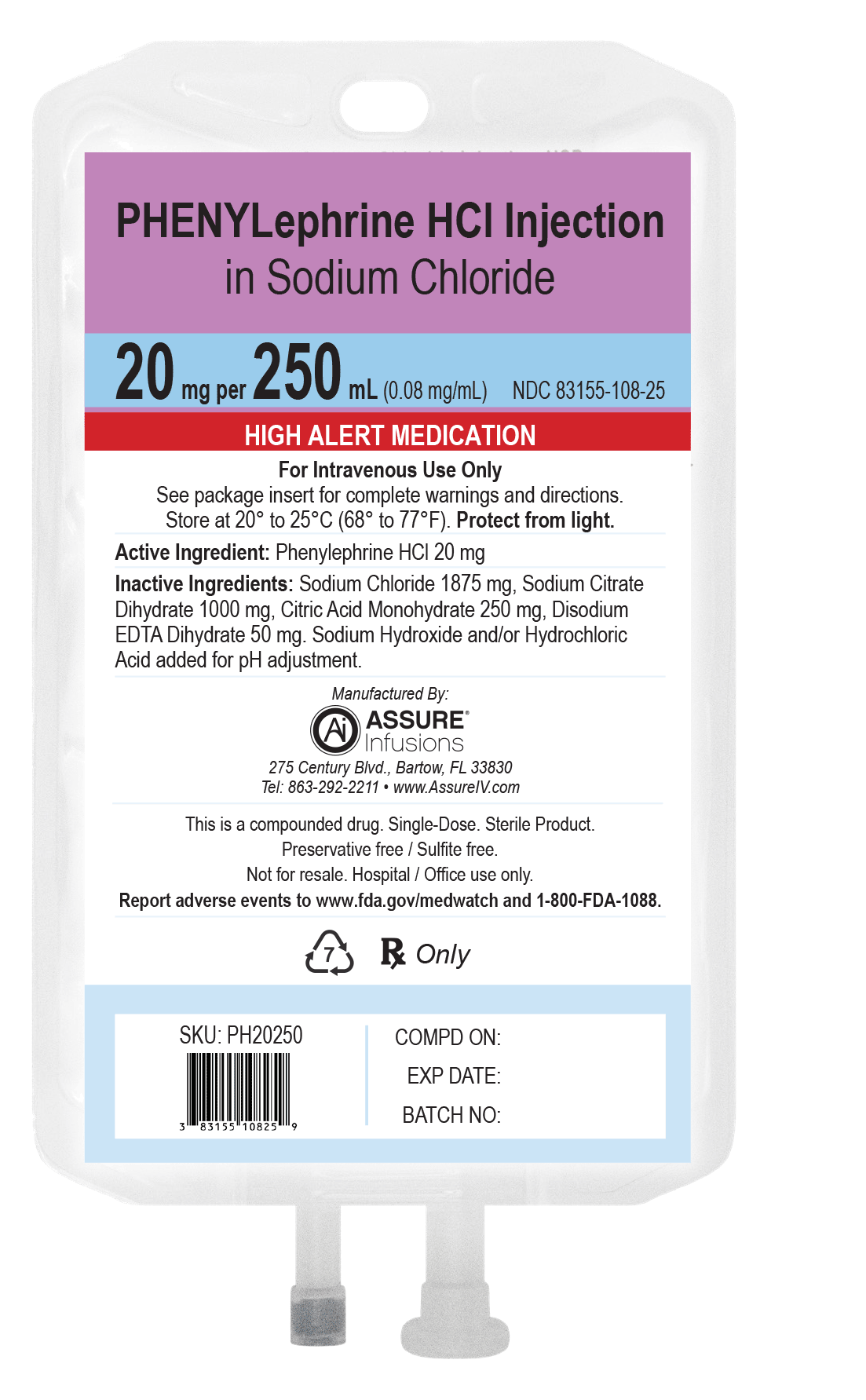 20 mg/mL Phenylephrine HCL in 0.9% Sodium Chloride Injection 250 mL Image