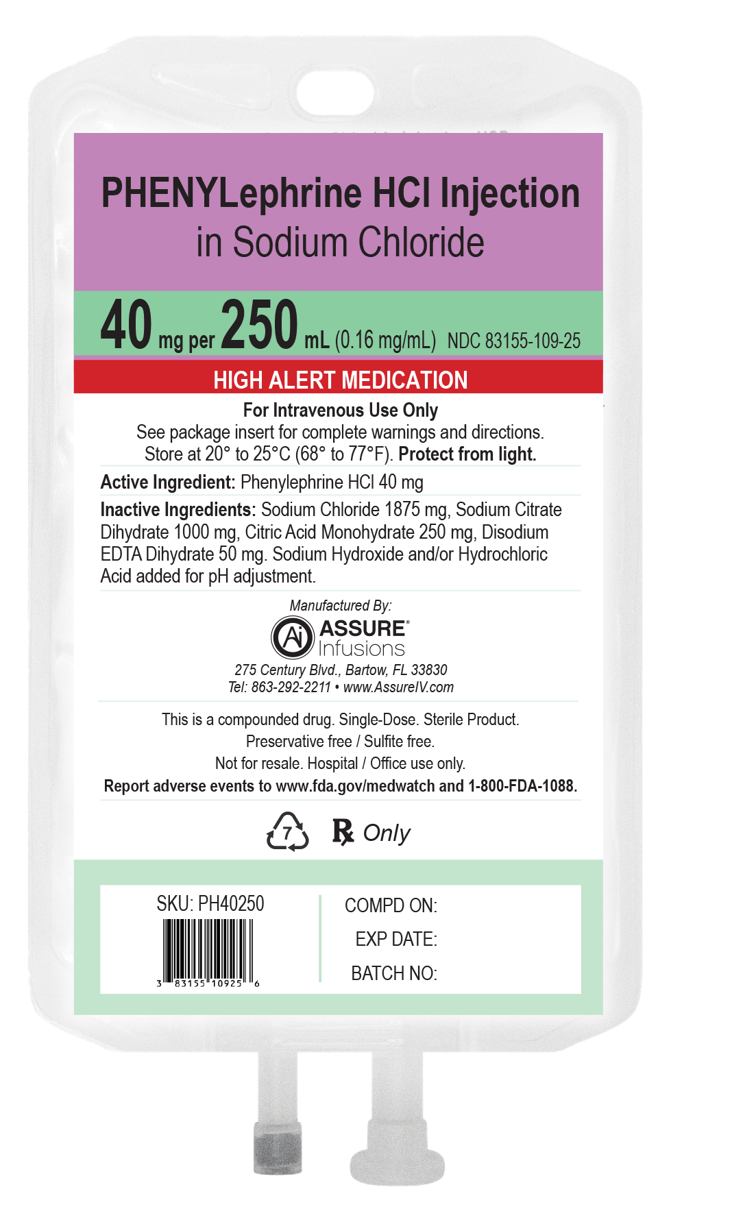 40 mg/mL Phenylephrine HCL in 0.9% Sodium Chloride Injection 250 mL Image